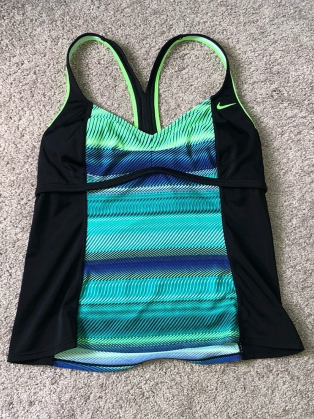 Nike Women’s Green Black Striped Tankini Swim activewear Top size Large